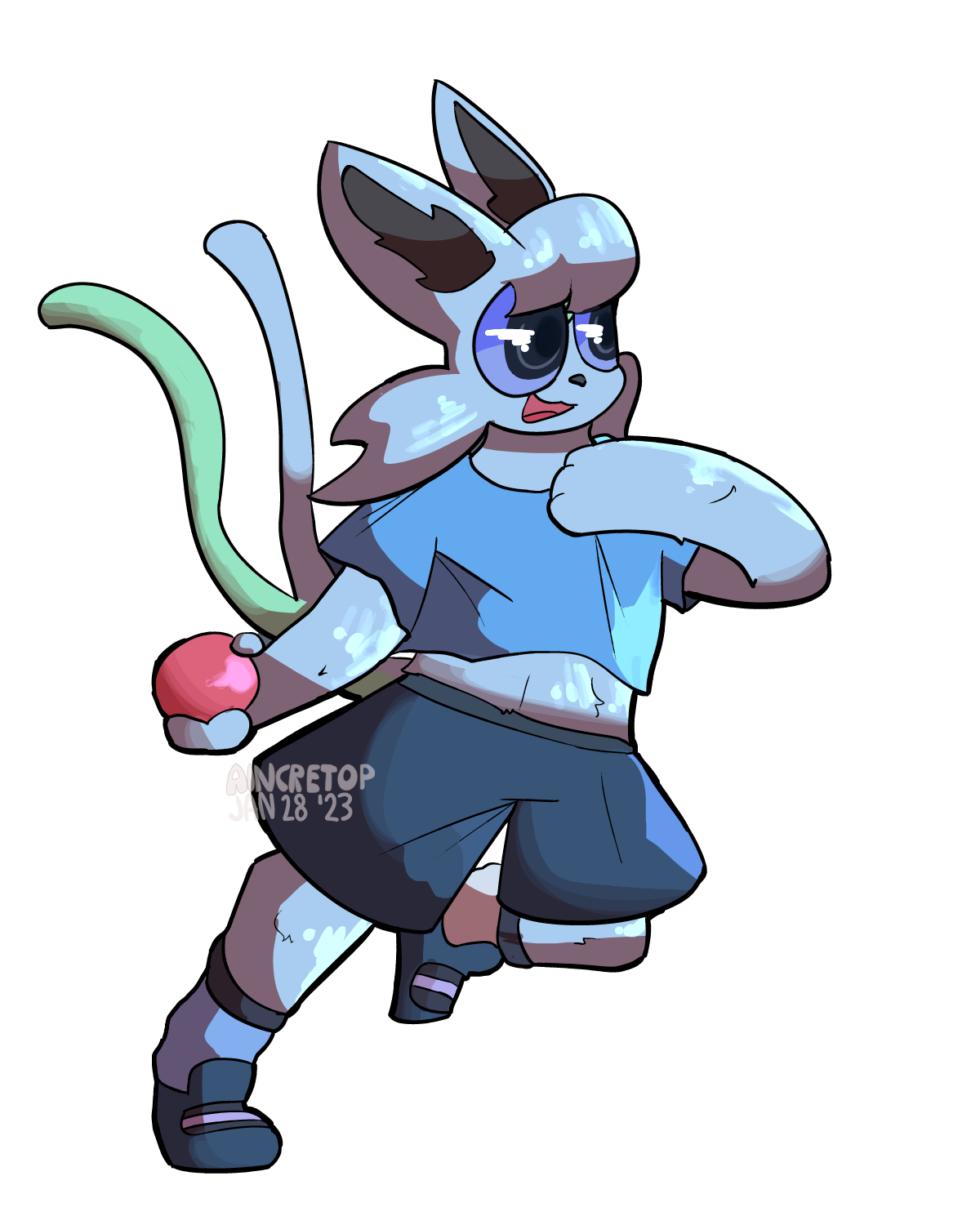 A pale blue furry character throwing a ball happily.